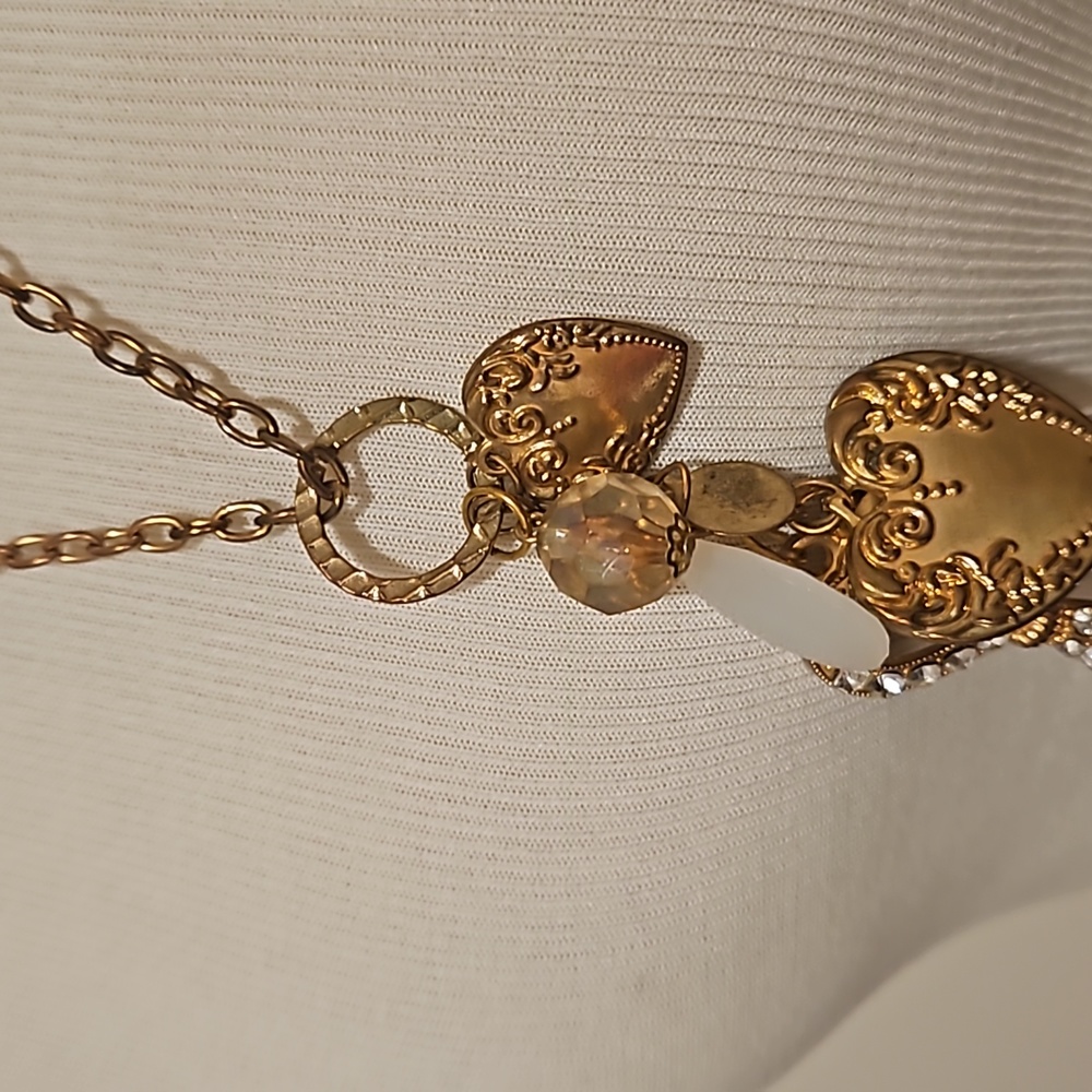 Chunky chain heart rhinestone key acrylic beads statement necklace gold tone - Picture 7 of 8